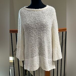 CHICOS LACE TRIM WOOL BLEND, TUNIC SWEATER IN IVORY BOUCLE KNIT, WOMEN SIZE 12